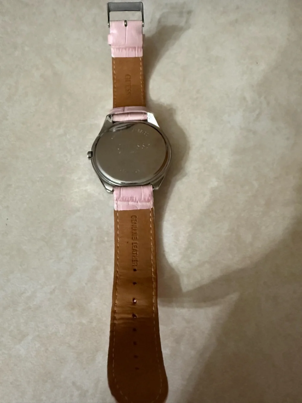 GUESS Women's Large Faced Heart Gemmed Pink Leather Band Stainless Steel Quartz